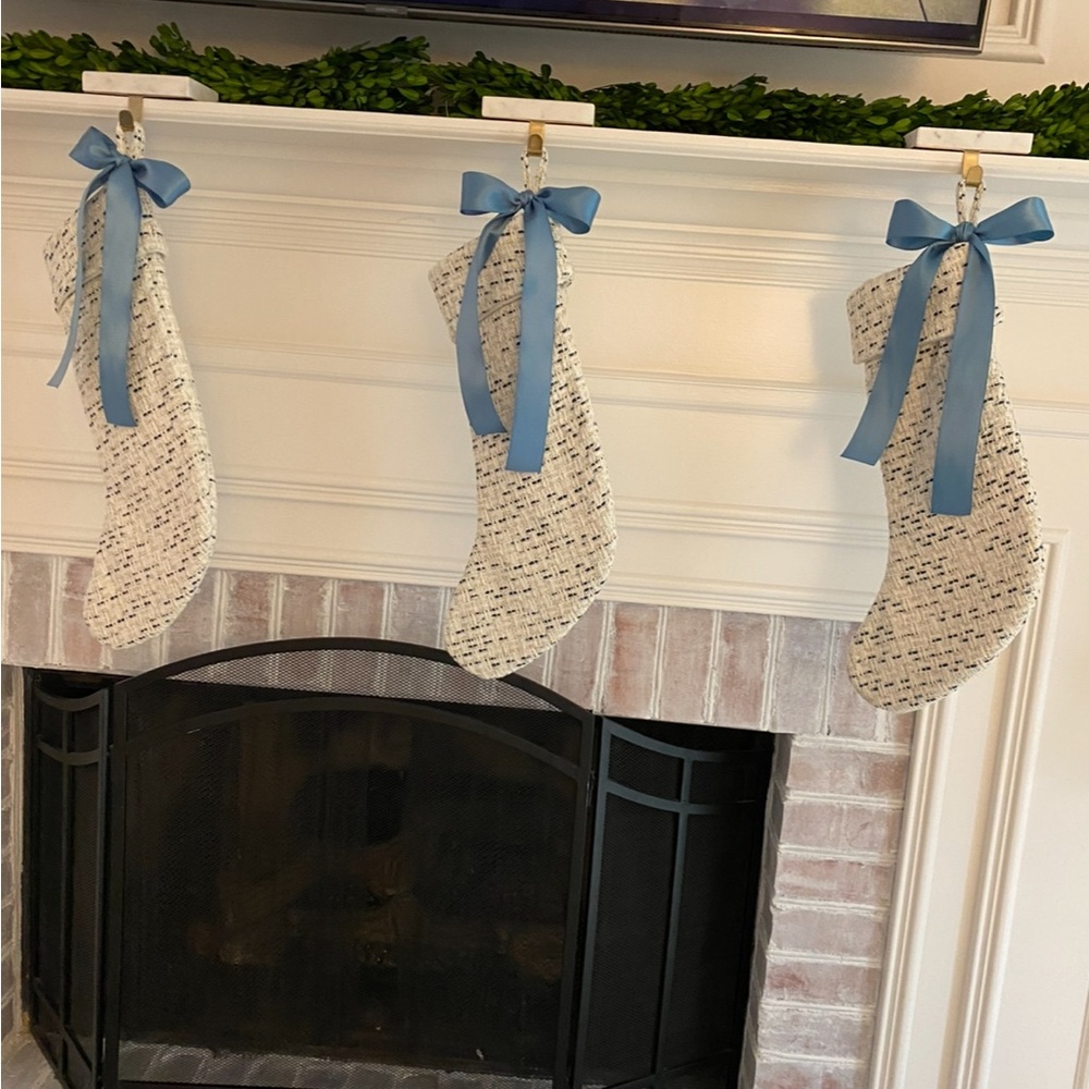 Blue and white tweed Christmas stockings